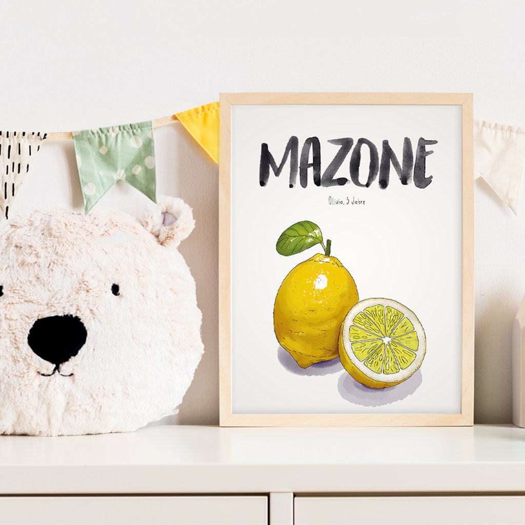 Kindermundposter Zitrone im Kinderzimmer – personalisiertes Poster als Dekoration und Geschenk