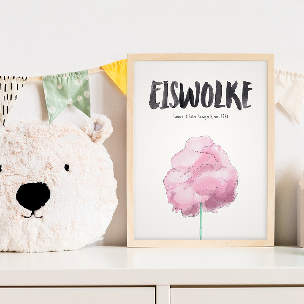 Kindermundposter Zuckerwatte im Kinderzimmer – personalisiertes Poster als Dekoration und Geschenk
