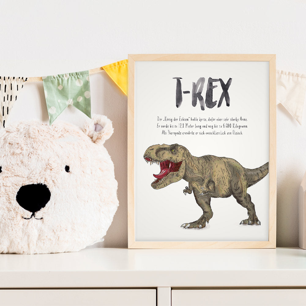 Dinoposter T-Rex im Rahmen im Kinderzimmer – Poster als Dekoration und Geschenk