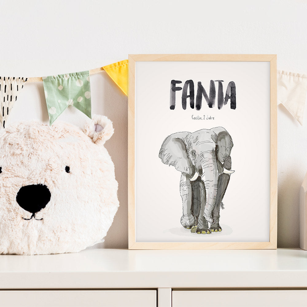 Kindermundposter Elefant im Kinderzimmer – personalisiertes Poster als Dekoration und Geschenk