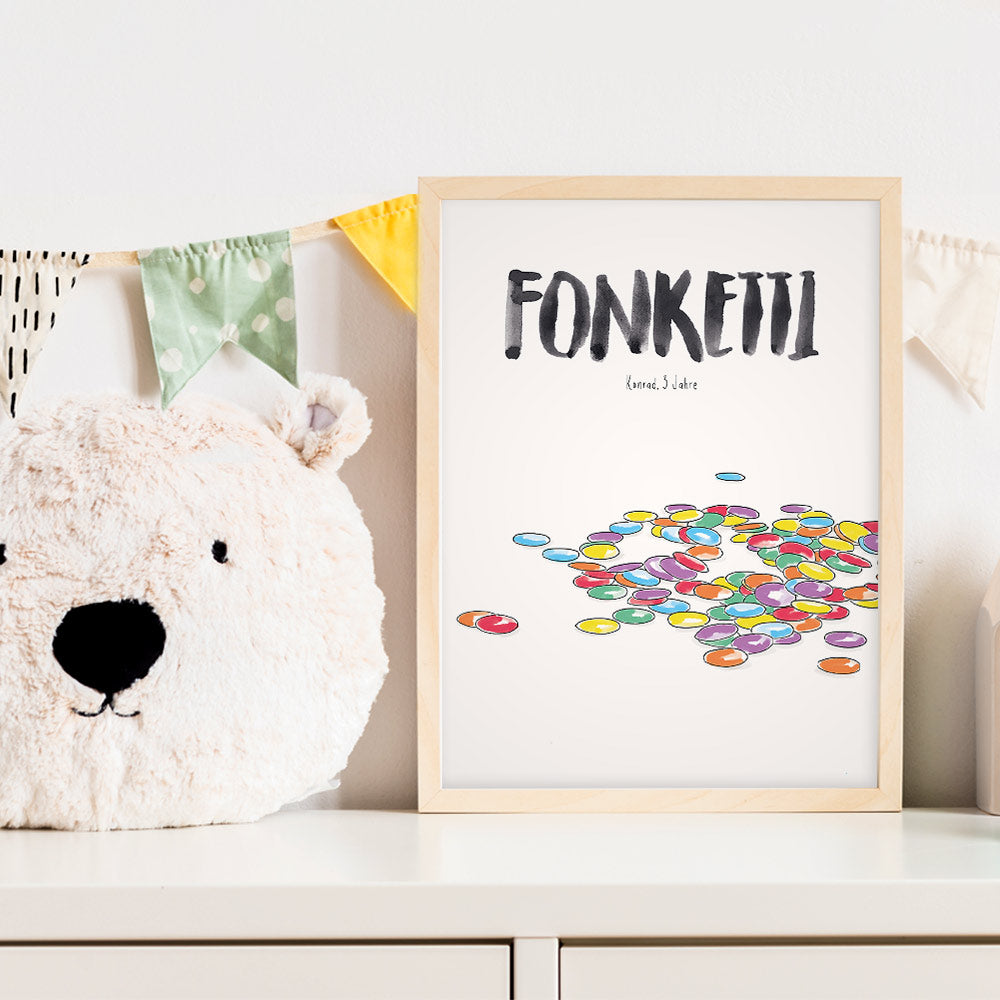 Kindermundposter Konfetti im Kinderzimmer – personalisiertes Poster als Dekoration und Geschenk