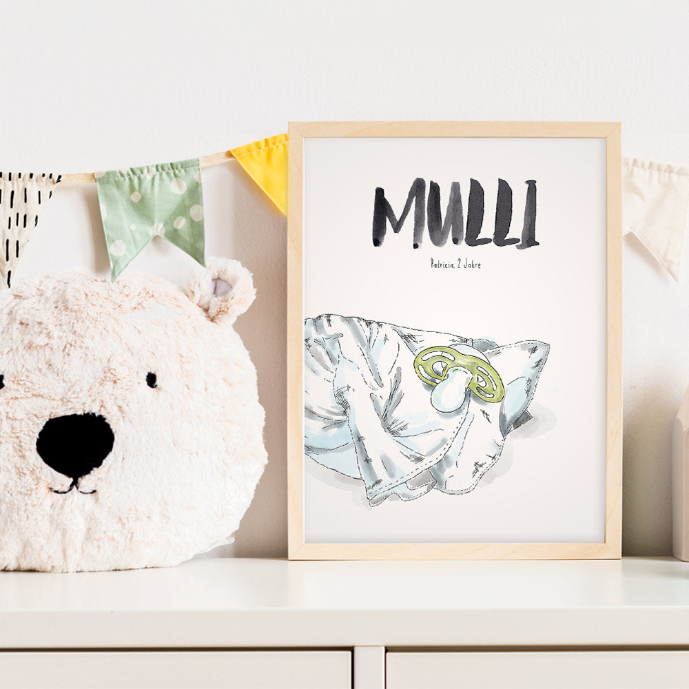 Kindermundposter Kuscheltuch im Kinderzimmer – personalisiertes Poster als Dekoration und Geschenk