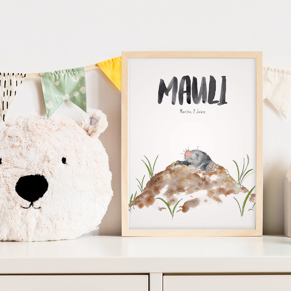 Kindermundposter Maulwurf im Kinderzimmer – personalisiertes Poster als Dekoration und Geschenk