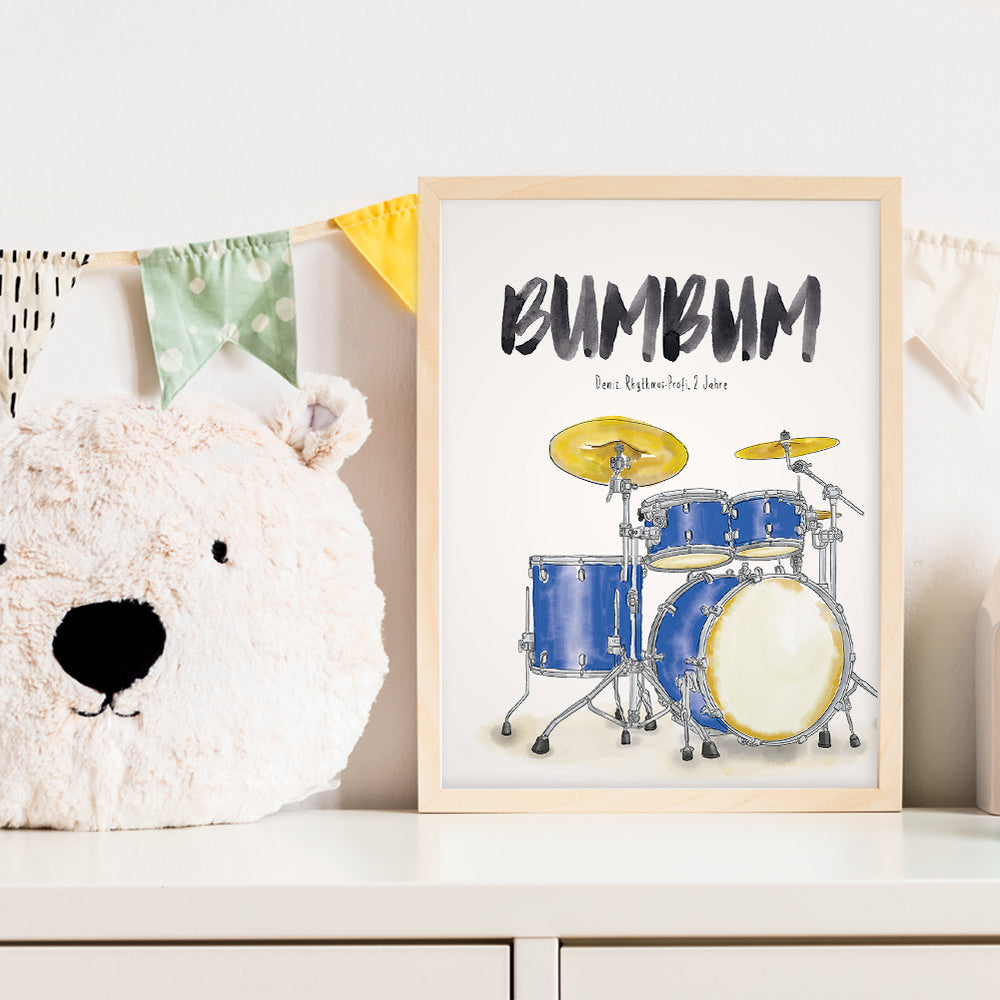 Kindermundposter Schlagzeug im Kinderzimmer – personalisiertes Poster als Dekoration und Geschenk