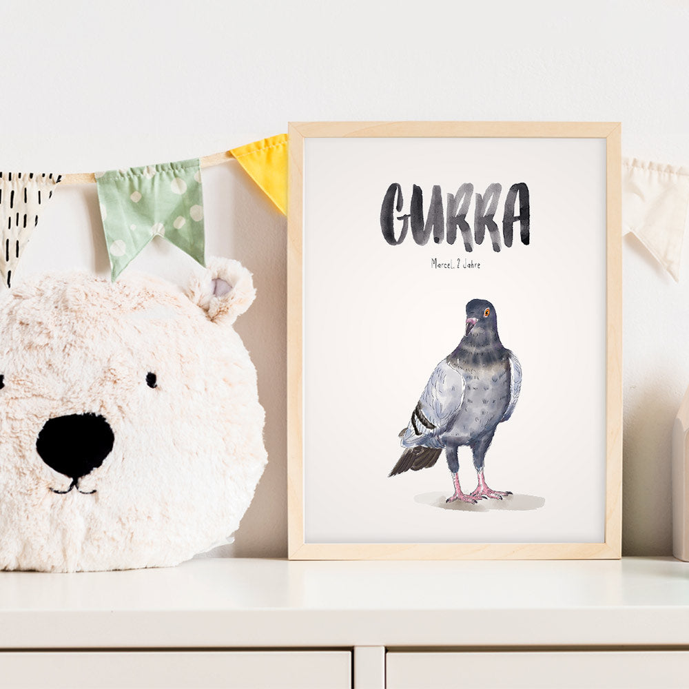 Kindermundposter Taube im Kinderzimmer – personalisiertes Poster als Dekoration und Geschenk