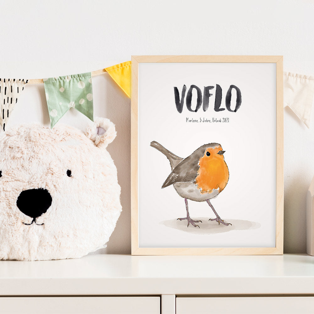Kindermundposter Vogel im Kinderzimmer – personalisiertes Poster als Dekoration und Geschenk