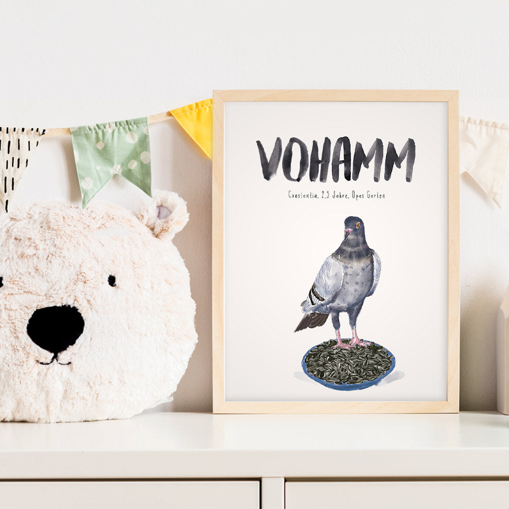 Kindermundposter Vogelfutter im Kinderzimmer – personalisiertes Poster als Dekoration und Geschenk