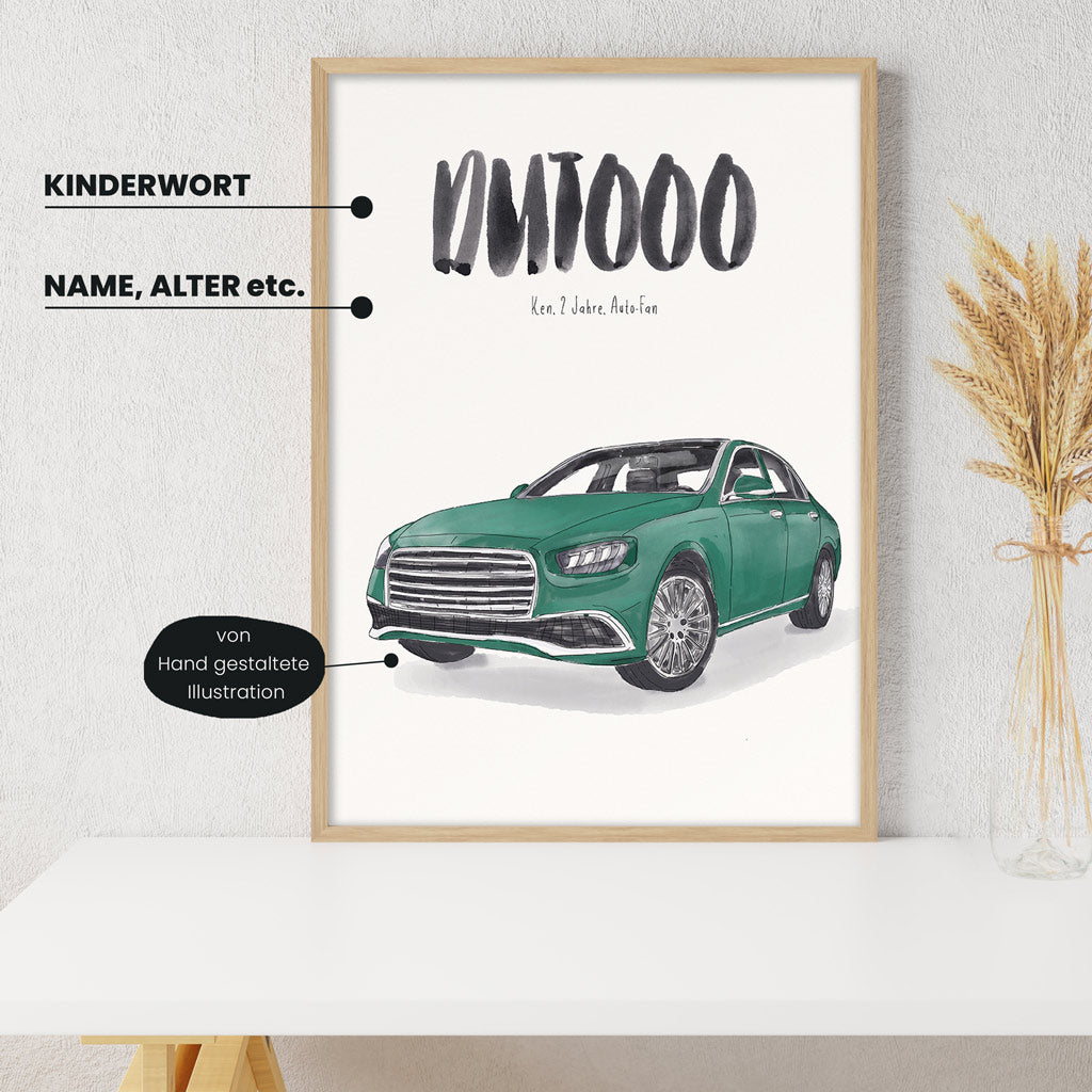 Detailansicht Kindermundposter Auto: Erklärungen der personalisierbaren Elemente - einzigartiges Erinnerungsstück für Eltern