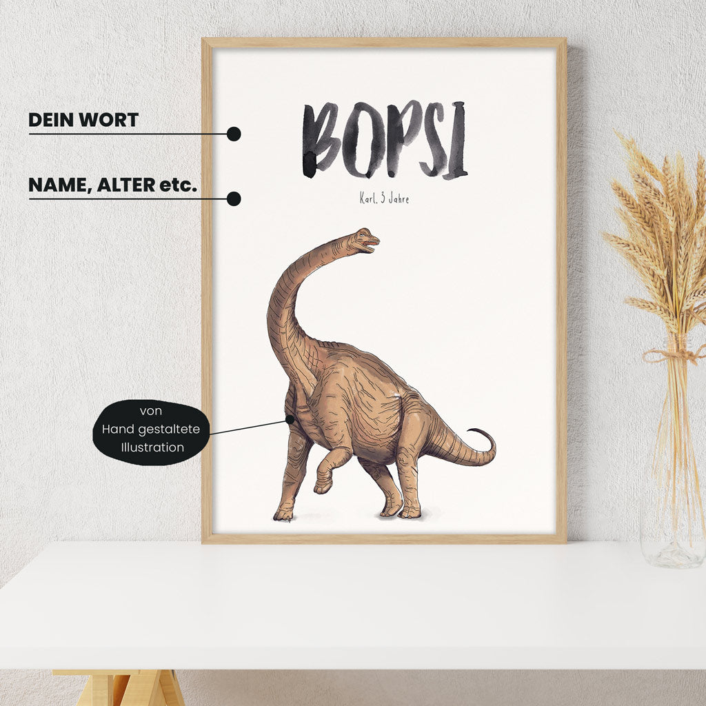 Detailansicht Kindermundposter Brachiosaurus mit Erklärungen der personalisierbaren Elemente - einzigartiges Erinnerungsstück für Eltern