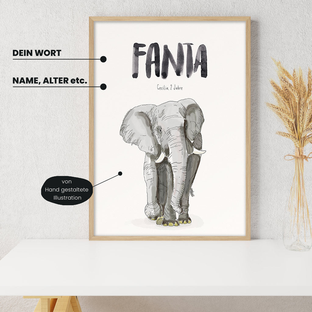 Detailansicht Kindermundposter Elefant mit Erklärungen der personalisierbaren Elemente - einzigartiges Erinnerungsstück für Eltern