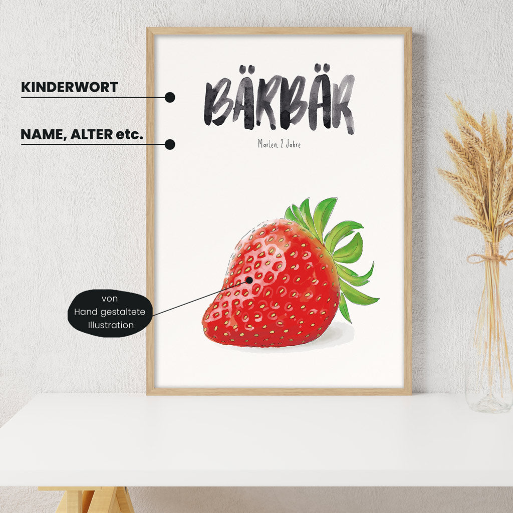 Detailansicht Kindermundposter Erdbeere mit Erklärungen der personalisierbaren Elemente - einzigartiges Erinnerungsstück für Eltern