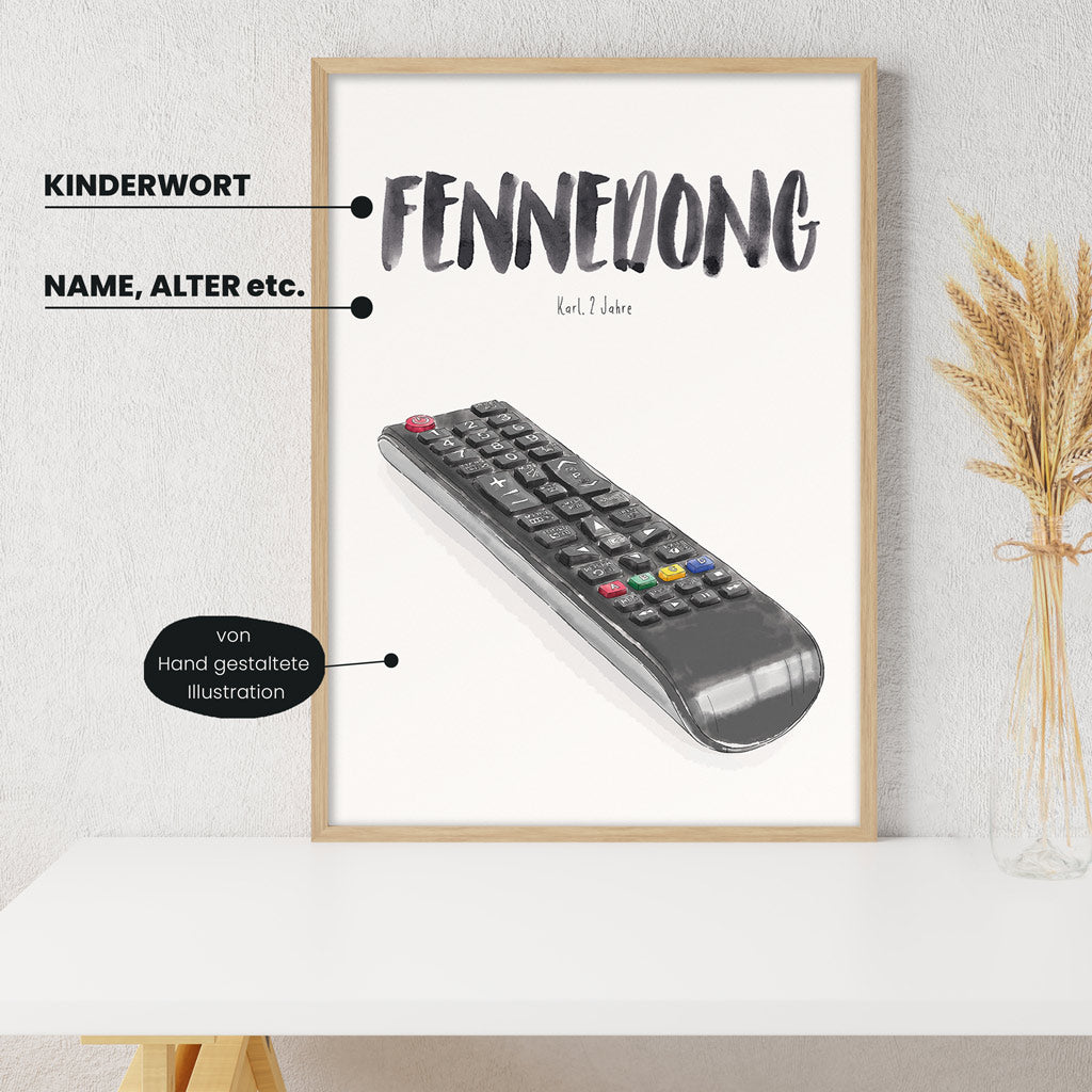 Detailansicht Kindermundposter Fernbedienung: Erklärungen der personalisierbaren Elemente - einzigartiges Erinnerungsstück für Eltern