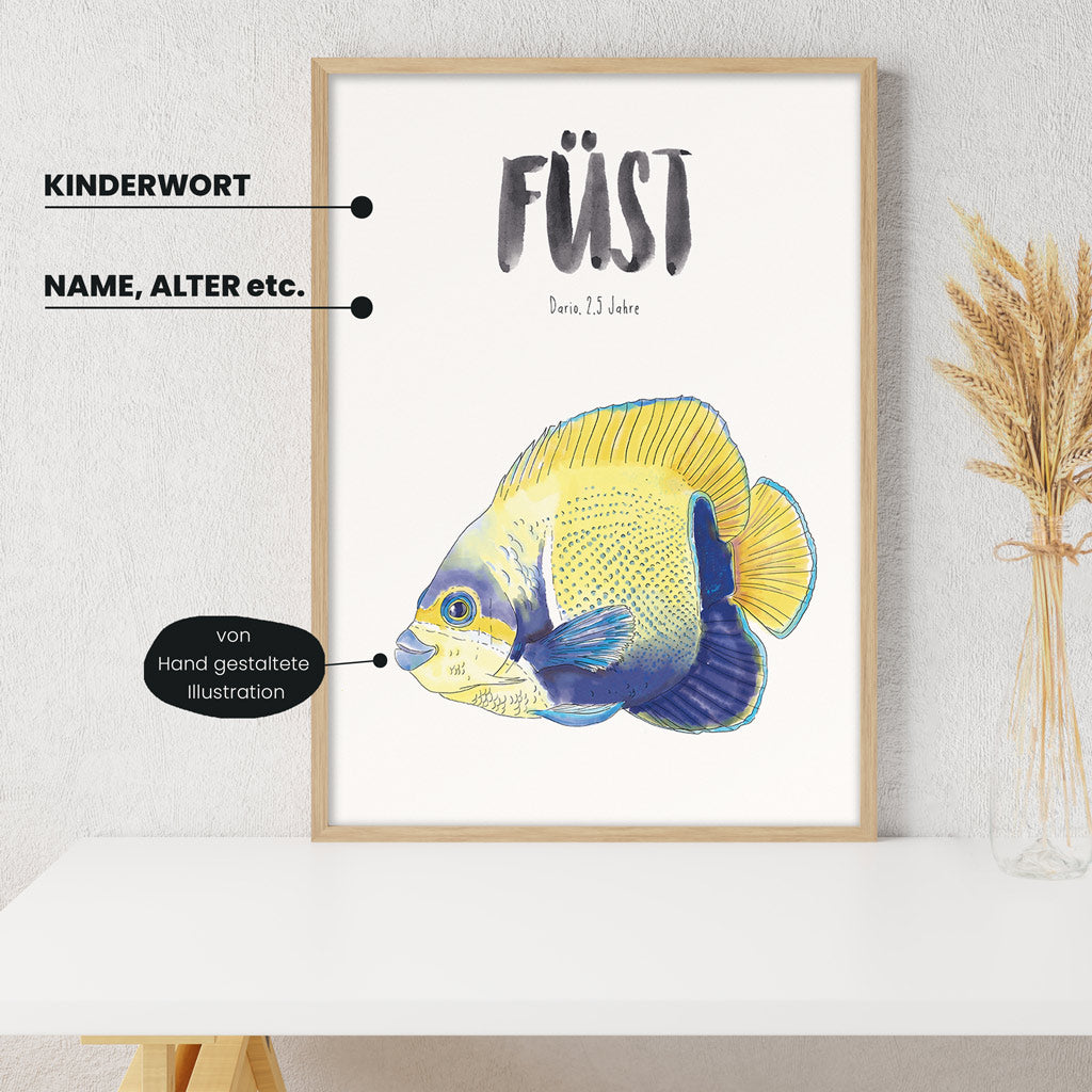 Detailansicht Kindermundposter Fisch: Erklärungen der personalisierbaren Elemente - einzigartiges Erinnerungsstück für Eltern