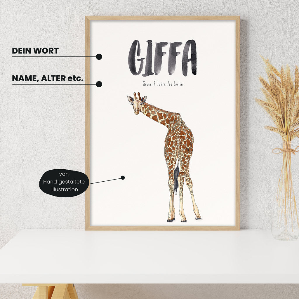 Detailansicht Kindermundposter Giraffe: Erklärungen der personalisierbaren Elemente - einzigartiges Erinnerungsstück für Eltern
