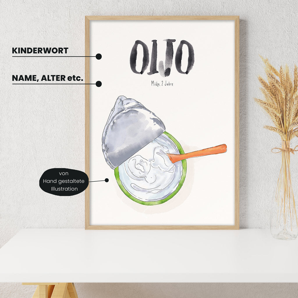 Detailansicht Kindermundposter Joghurt mit Erklärungen der personalisierbaren Elemente - einzigartiges Erinnerungsstück für Eltern