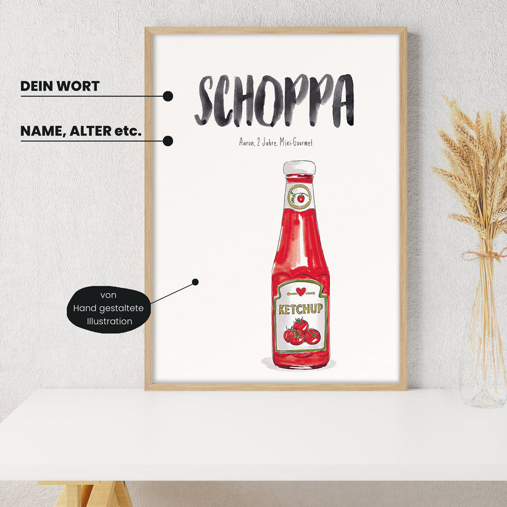 Detailansicht Kindermundposter Ketchup: Erklärungen der personalisierbaren Elemente - einzigartiges Erinnerungsstück für Eltern