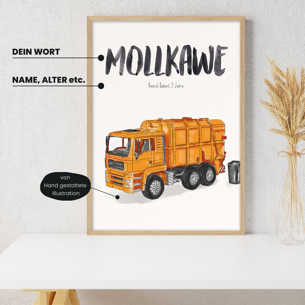 Detailansicht Kindermundposter Müllabfuhr - Erklärungen der personalisierbaren Elemente - einzigartiges Erinnerungsstück für Eltern