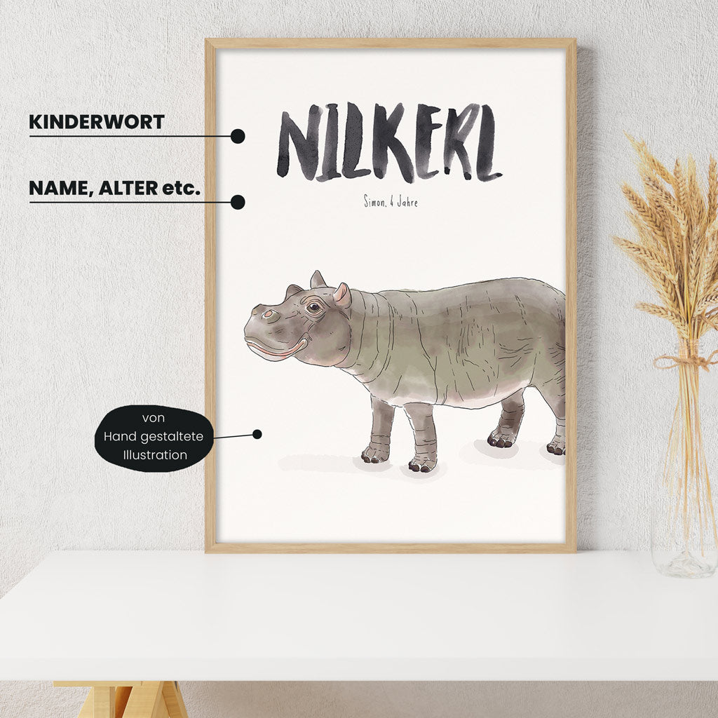 Detailansicht Kindermundposter Nilpferd: Erklärungen der personalisierbaren Elemente - einzigartiges Erinnerungsstück für Eltern