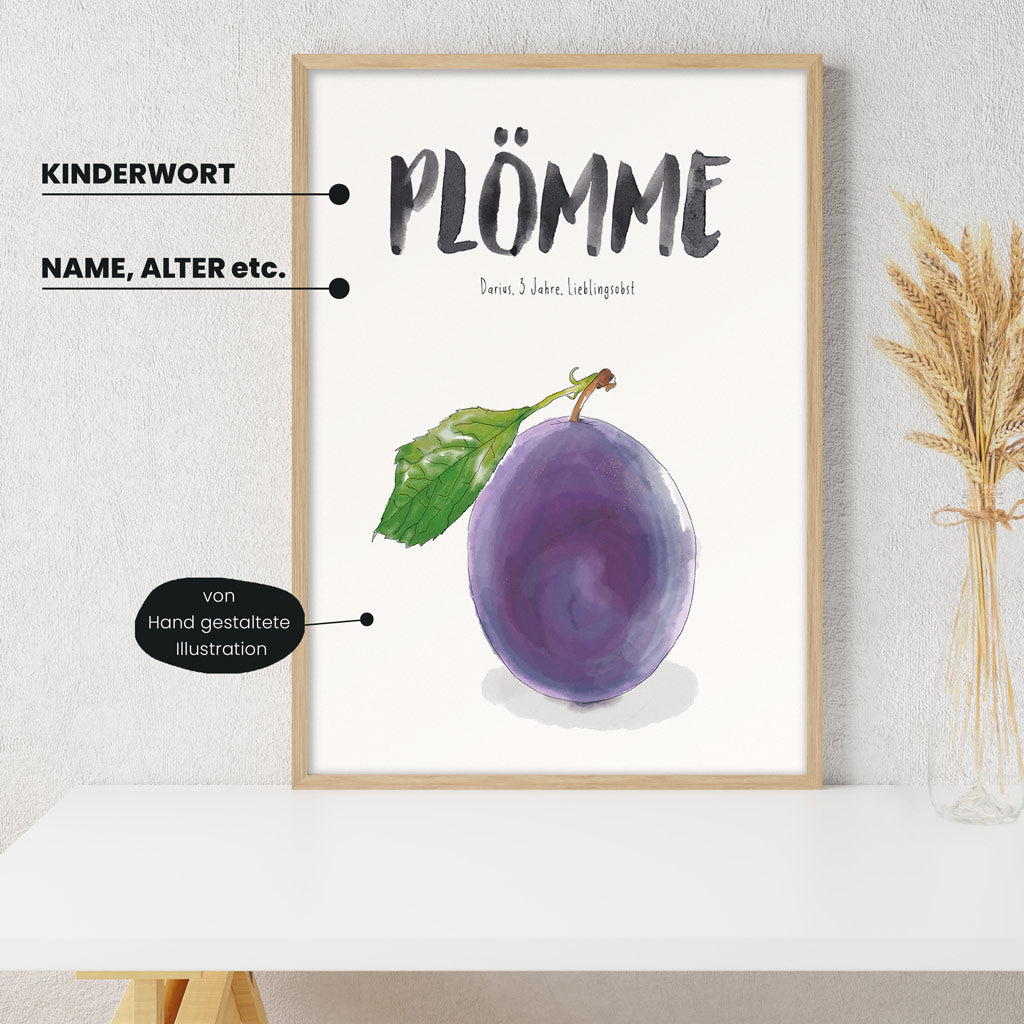 Detailansicht Kindermundposter Pflaume: Erklärungen der personalisierbaren Elemente - einzigartiges Erinnerungsstück für Eltern
