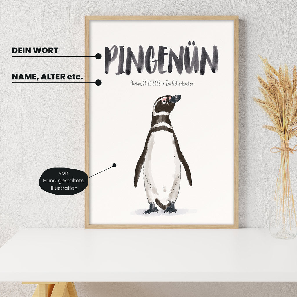Detailansicht Kindermundposter Pinguin mit Erklärungen der personalisierbaren Elemente - einzigartiges Erinnerungsstück für Eltern
