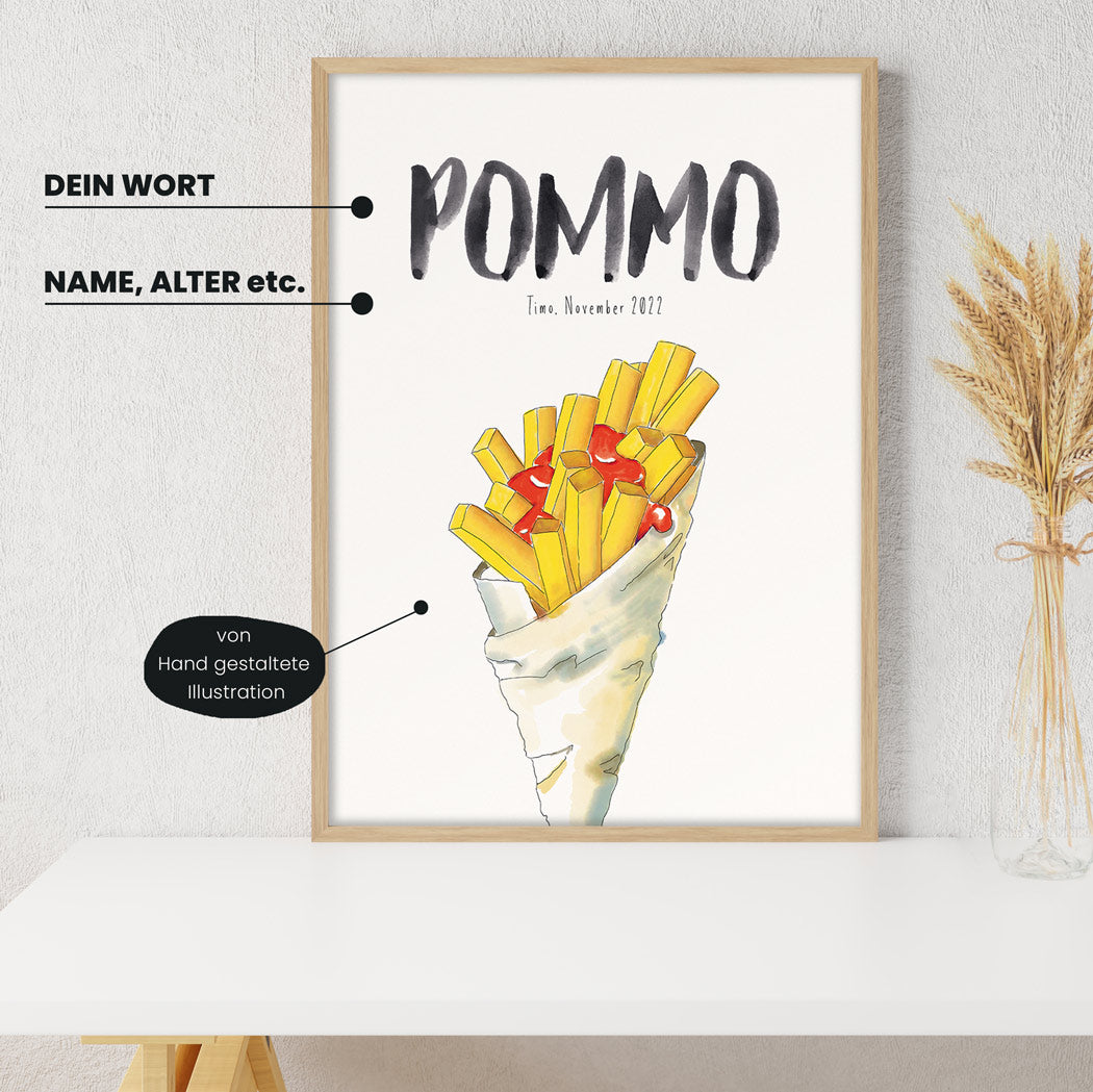 Detailansicht Kindermundposter Pommes Ketchup: Erklärungen der personalisierbaren Elemente - einzigartiges Erinnerungsstück für Eltern