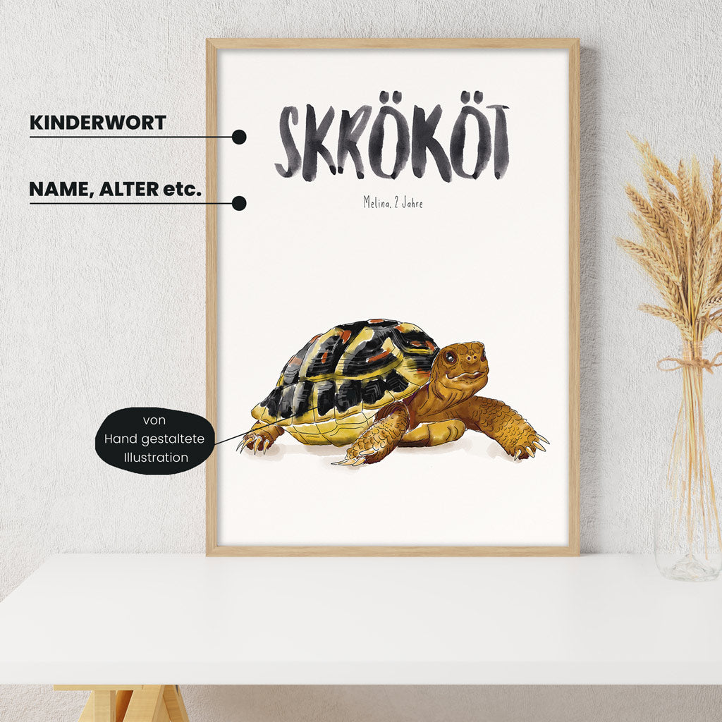 Detailansicht Kindermundposter Schildkröte mit Erklärungen der personalisierbaren Elemente - einzigartiges Erinnerungsstück für Eltern