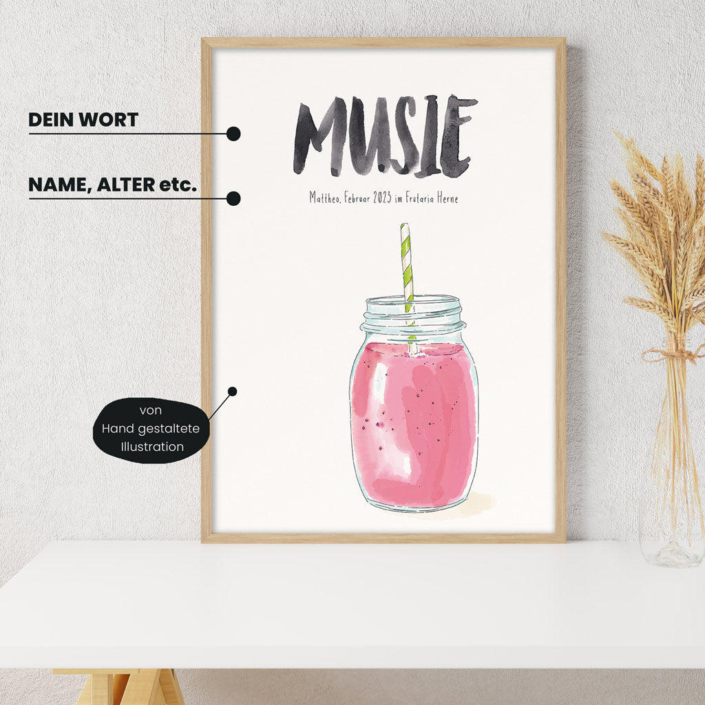 Detailansicht Kindermundposter Smoothie: Erklärungen der personalisierbaren Elemente - einzigartiges Erinnerungsstück für Eltern