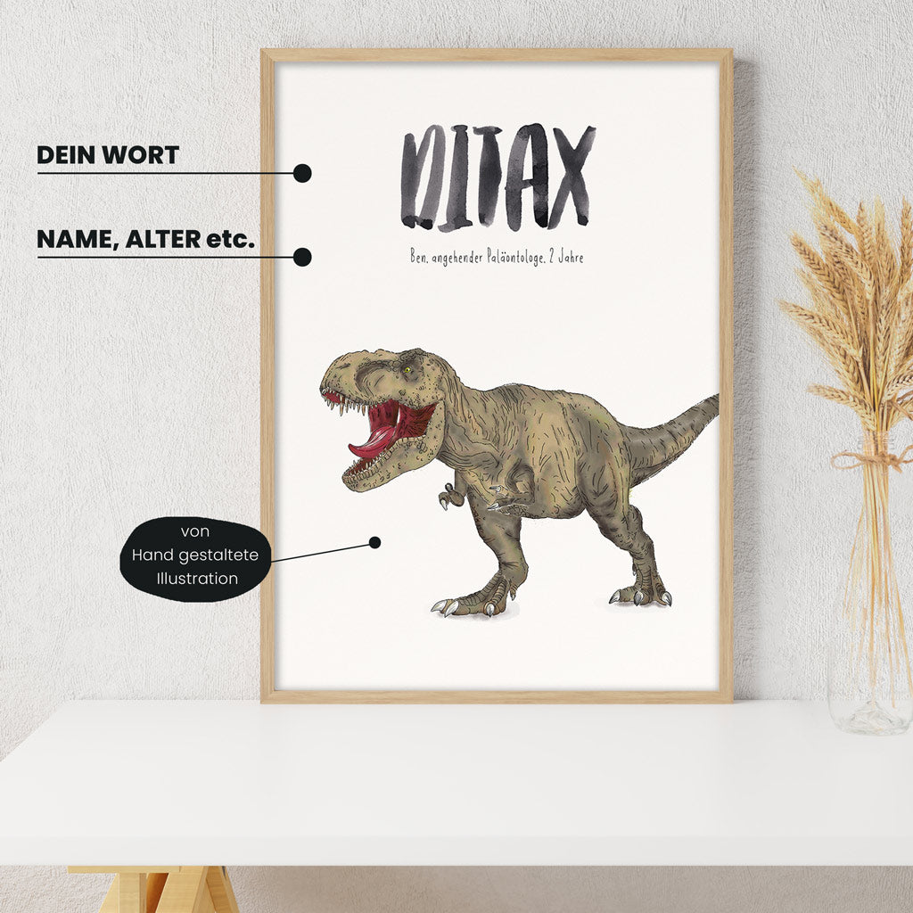 Detailansicht Kindermundposter T-Rex: Erklärungen der personalisierbaren Elemente - einzigartiges Erinnerungsstück für Eltern