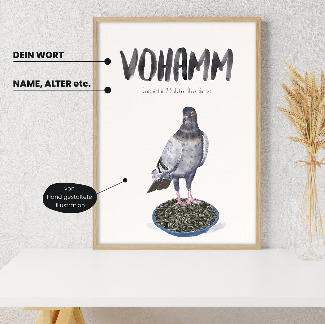 Detailansicht Kindermundposter Vogelfutter: Erklärungen der personalisierbaren Elemente - einzigartiges Erinnerungsstück für Eltern