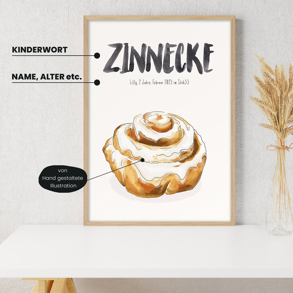 Detailansicht Kindermundposter Zimtschnecke mit Erklärungen der personalisierbaren Elemente - einzigartiges Erinnerungsstück für Eltern