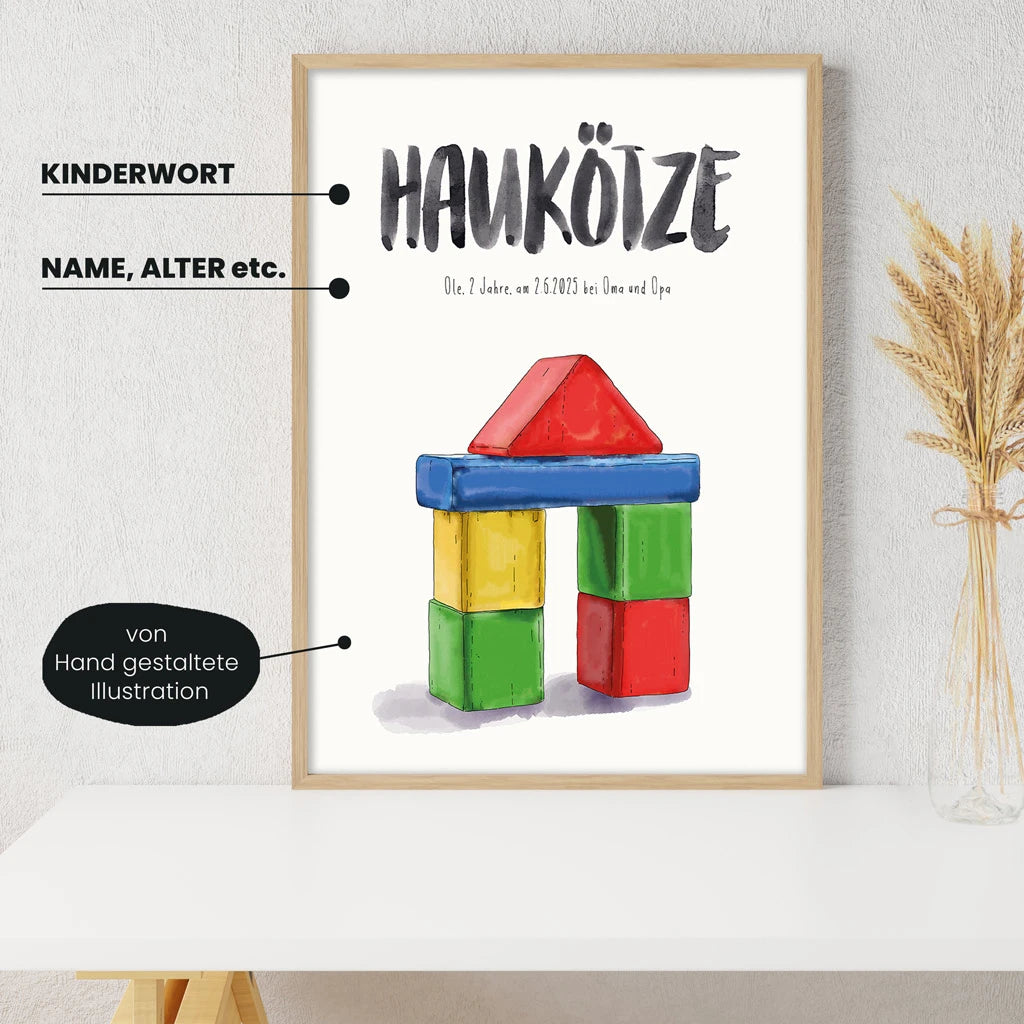 Detailansicht Kindermundposter Bauklötze: Erklärungen der personalisierbaren Elemente  - einzigartiges Erinnerungsstück für Eltern