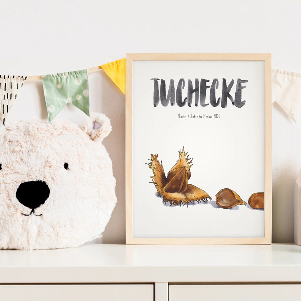 Kindermundposter Bucheckern im Kinderzimmer – personalisiertes Poster als Dekoration und Geschenk
