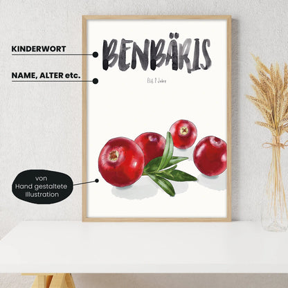 Detailansicht Kindermundposter Cranberries: Erklärungen der personalisierbaren Elemente  - einzigartiges Erinnerungsstück für Eltern