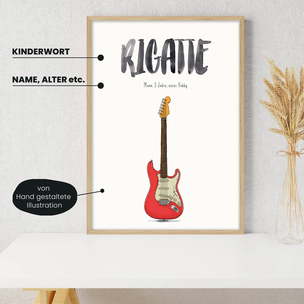 Detailansicht Kindermundposter E-Gitarre: Erklärungen der personalisierbaren Elemente  - einzigartiges Erinnerungsstück für Eltern
