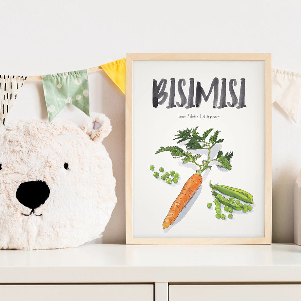 Kindermundposter Erbsen und Möhre im Kinderzimmer – personalisiertes Poster als Dekoration und Geschenk