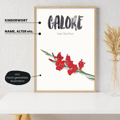 Detailansicht Kindermundposter Gladiole: Erklärungen der personalisierbaren Elemente  - einzigartiges Erinnerungsstück für Eltern
