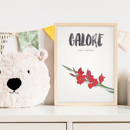 Kindermundposter Gladiole im Kinderzimmer – personalisiertes Poster als Dekoration und Geschenk
