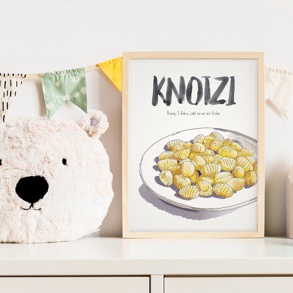 Kindermundposter Gnocchi im Kinderzimmer – personalisiertes Poster als Dekoration und Geschenk
