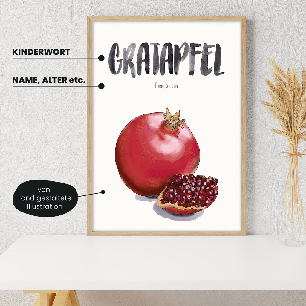 Detailansicht Kindermundposter Granatapfel: Erklärungen der personalisierbaren Elemente  - einzigartiges Erinnerungsstück für Eltern
