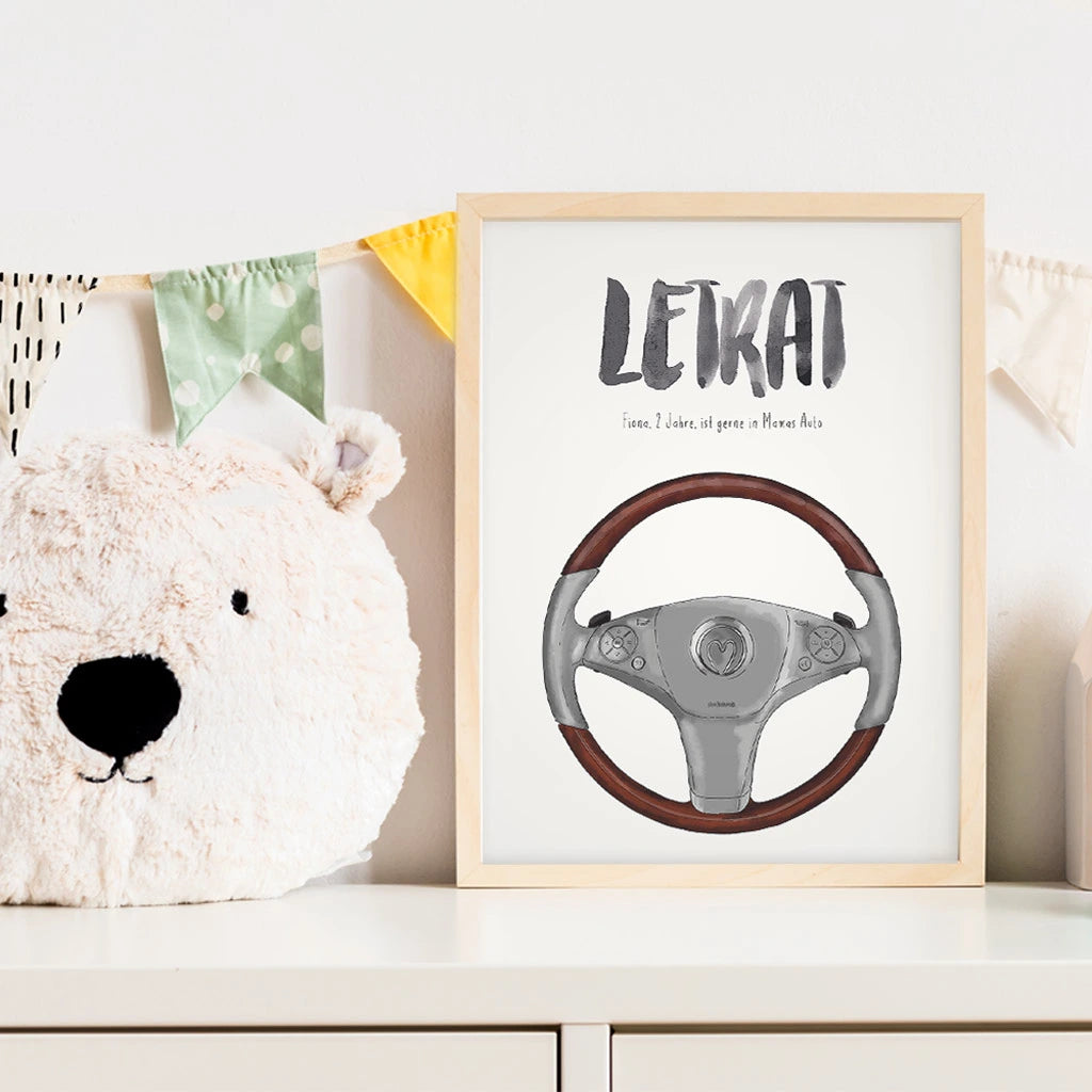Kindermundposter Lenkrad im Kinderzimmer – personalisiertes Poster als Dekoration und Geschenk
