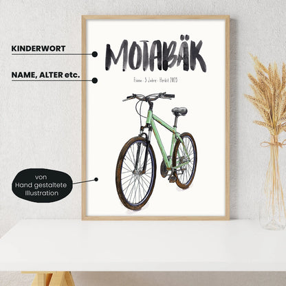 Detailansicht Kindermundposter Mountainbike: Erklärungen der personalisierbaren Elemente  - einzigartiges Erinnerungsstück für Eltern

