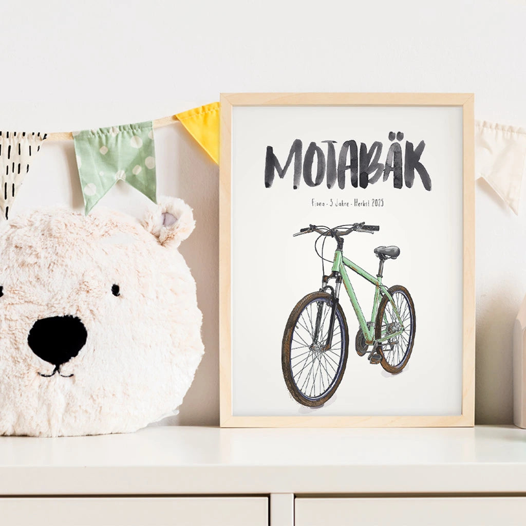 Kindermundposter Mountainbike im Kinderzimmer – personalisiertes Poster als Dekoration und Geschenk
