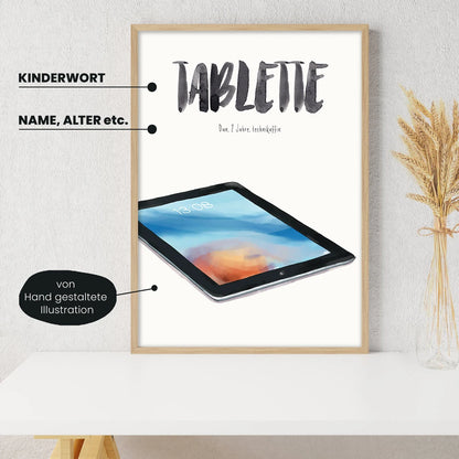 Detailansicht Kindermundposter Tablet: Erklärungen der personalisierbaren Elemente  - einzigartiges Erinnerungsstück für Eltern