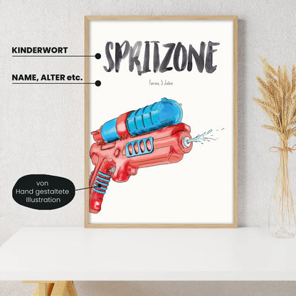 Detailansicht Kindermundposter Wasserpistole: Erklärungen der personalisierbaren Elemente  - einzigartiges Erinnerungsstück für Eltern
