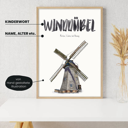 Detailansicht Kindermundposter Windmühle: Erklärungen der personalisierbaren Elemente  - einzigartiges Erinnerungsstück für Eltern