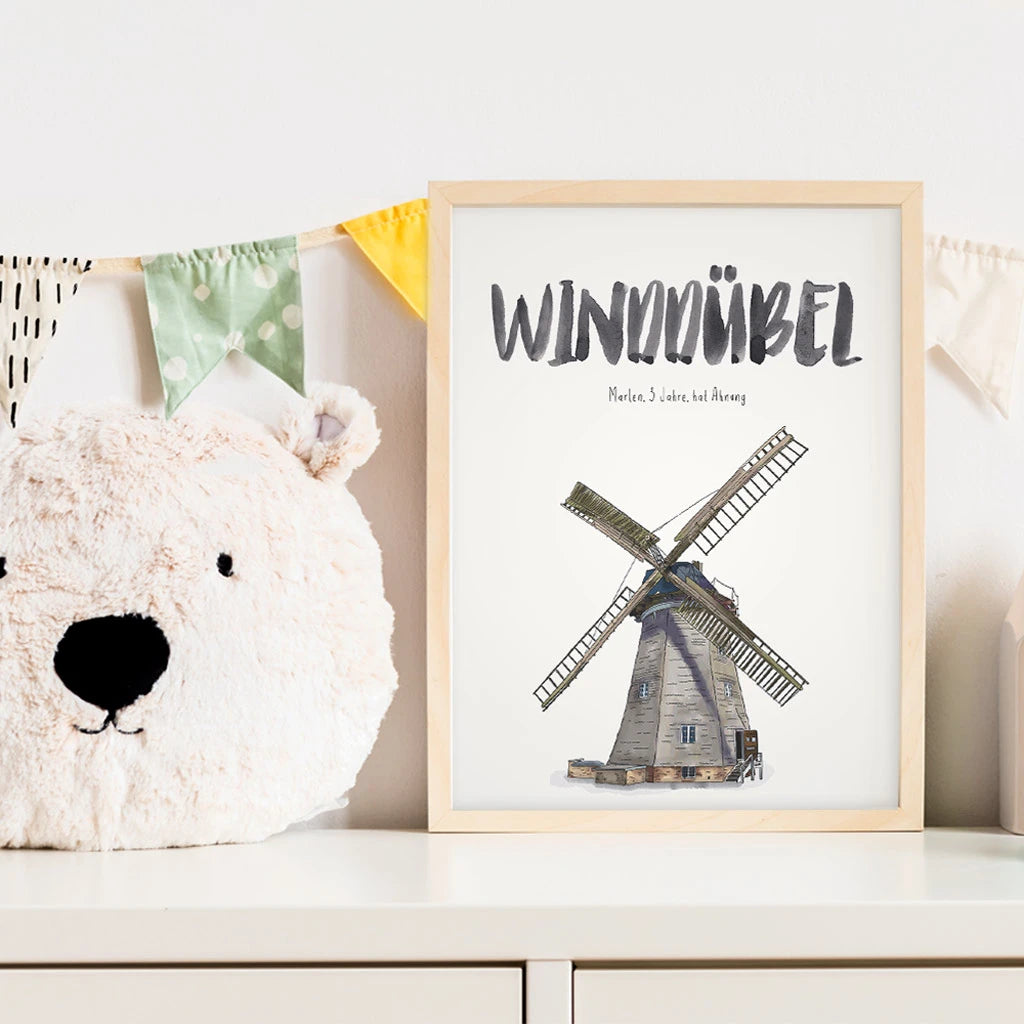 Kindermundposter Windmühle im Kinderzimmer – personalisiertes Poster als Dekoration und Geschenk